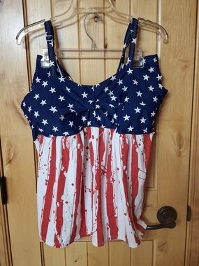 American Flag Star & Stripe Tankini Top - Navy, Red, White